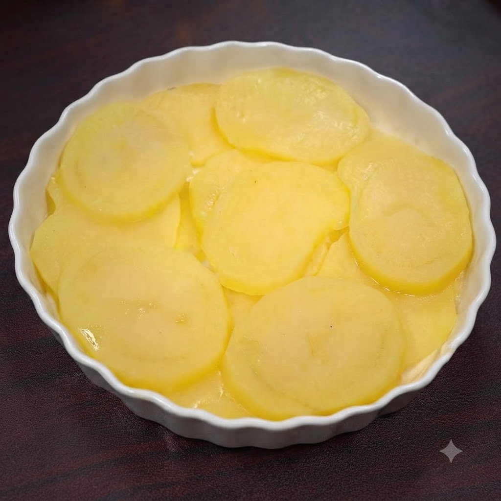 Tranches de pommes de terre cuites à la vapeur écrasées en purée lisse dans un plat à tarte en céramique blanche.
