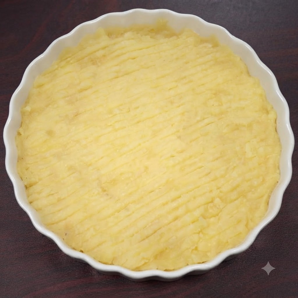 Purée de pommes de terre dans un plat blanc en cours dassaisonnement et mélangée à la fourchette.