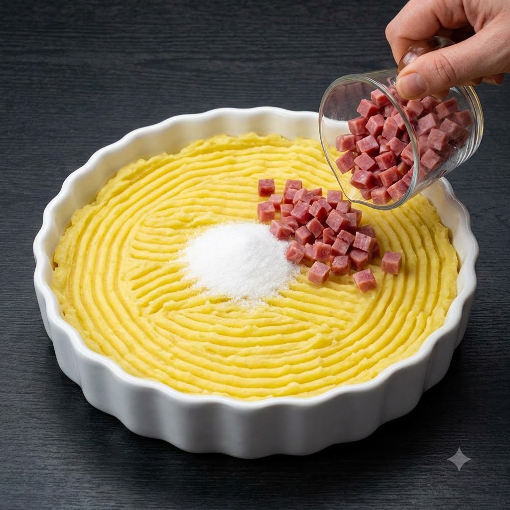 Dés de jambon versés dune petite tasse à mesurer en verre sur la purée de pommes de terre assaisonnée.