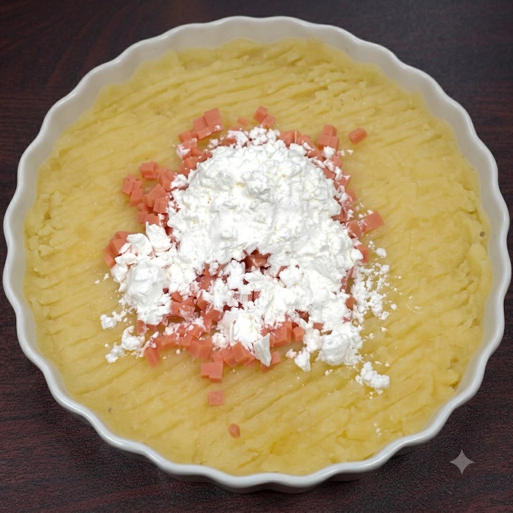 Fécule blanche disposée sur le dessus de la purée de pommes de terre et des dés de jambon dans un plat blanc.