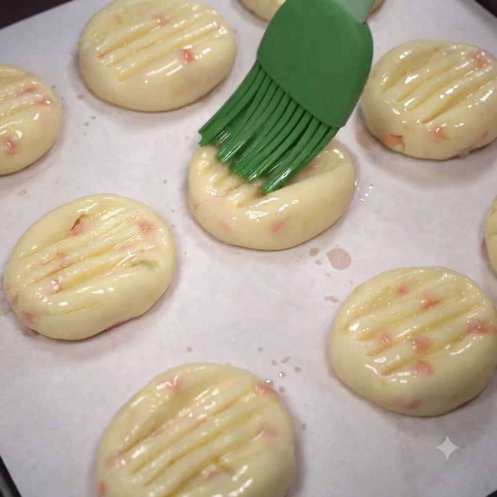 Un pinceau de cuisine en silicone vert appliquant de lhuile sur une rangée de galettes de pommes de terre façonnées sur une plaque de cuisson.