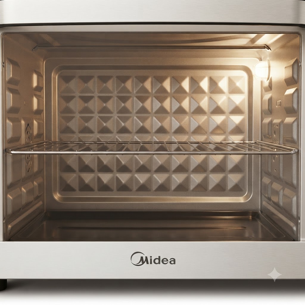 Un four électrique vide avec léclairage intérieur allumé, montrant la grille et lemplacement de la plaque de cuisson à lintérieur.