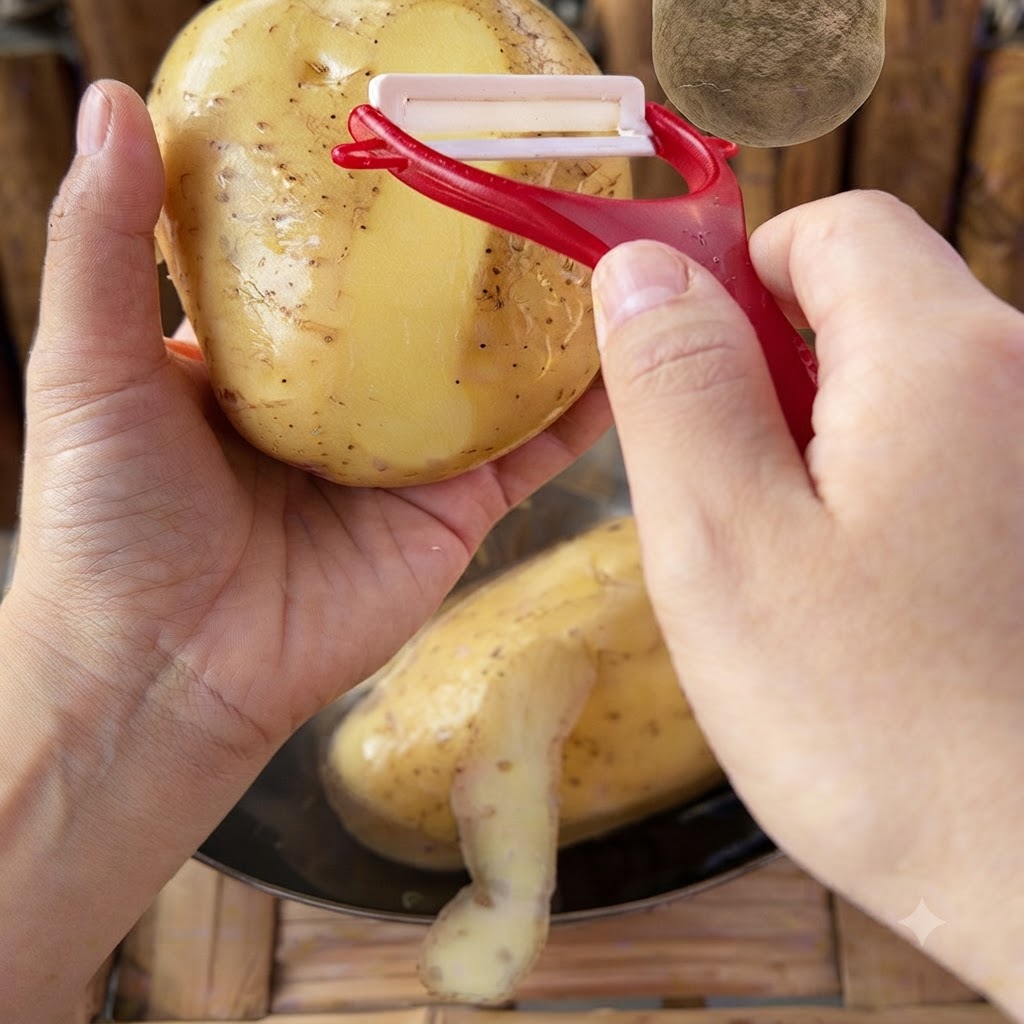 Une personne épluchant une pomme de terre avec un économe rouge au-dessus dun bol en métal.