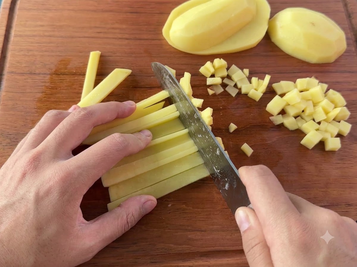 Un couteau tranchant et coupant des pommes de terre épluchées en petits cubes sur une planche à découper en bois.
