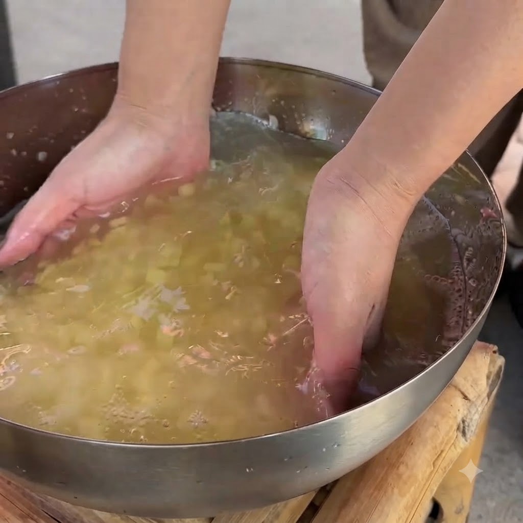 Mains lavant de petits cubes de pommes de terre dans un grand bol deau en métal.