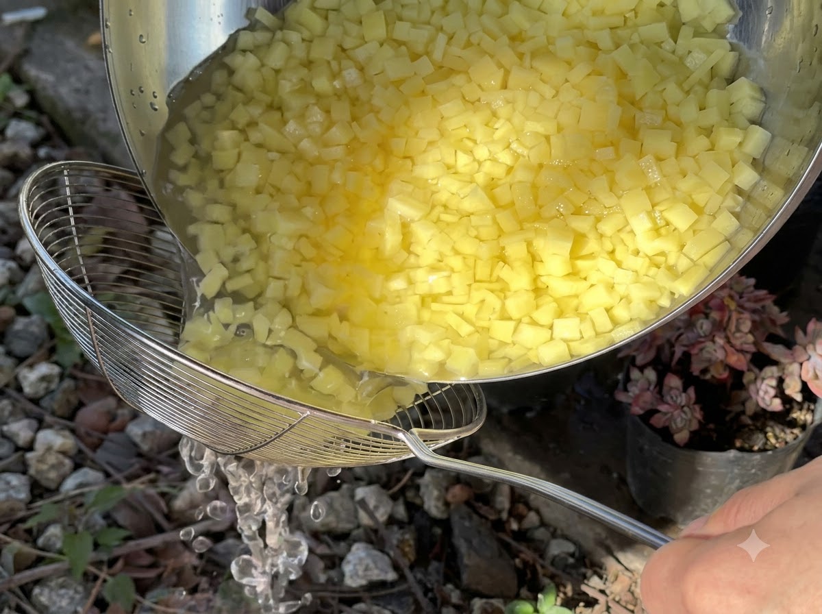 Des cubes de pommes de terre humides versés dun bol en métal dans une passoire en mailles.