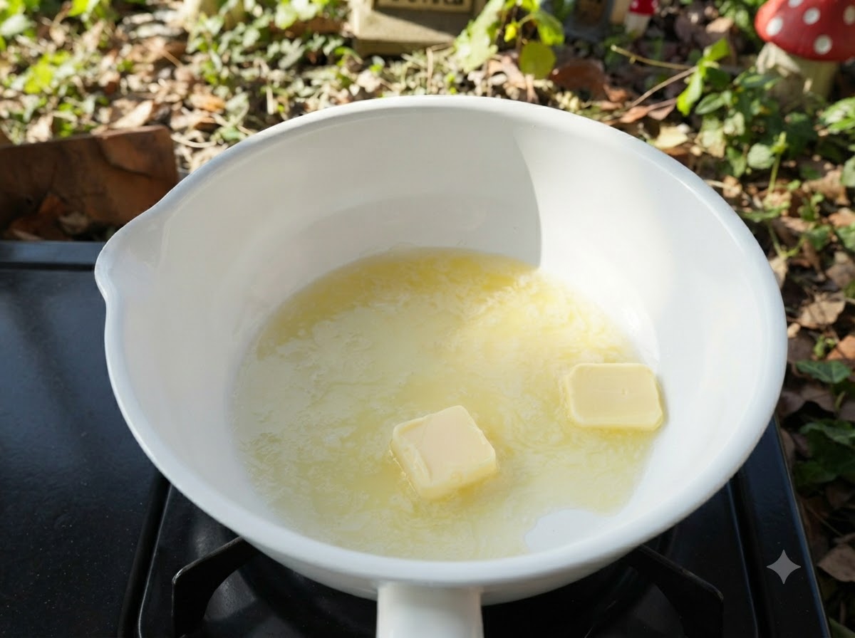 Du beurre jaune en train de fondre dans une poêle de cuisson blanche sur une cuisinière.