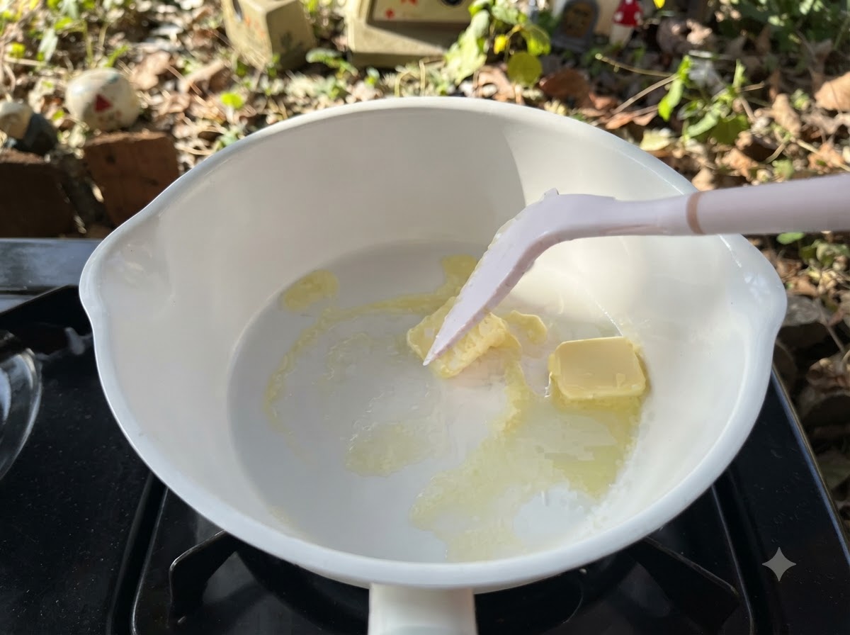 Une spatule blanche remuant le beurre à lintérieur dune poêle blanche.