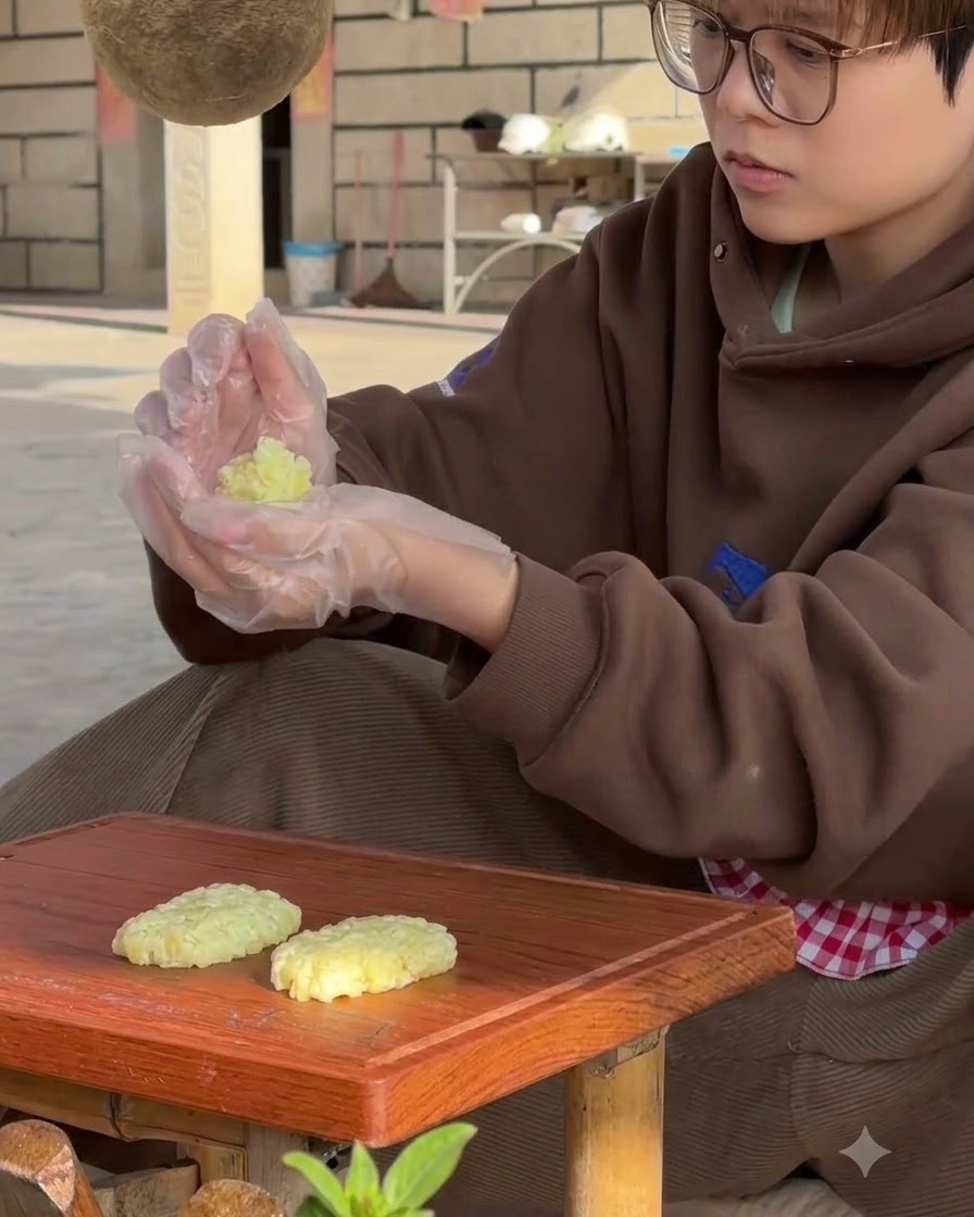 Une personne portant des gants en plastique façonnant une galette de pommes de terre sur une planche à découper en bois avec des galettes finies à proximité.