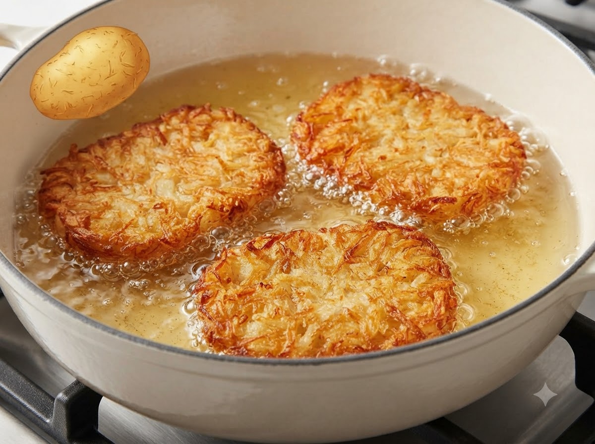 Des galettes de pommes de terre dorées retirées de lhuile chaude avec des pinces de cuisine rouges.