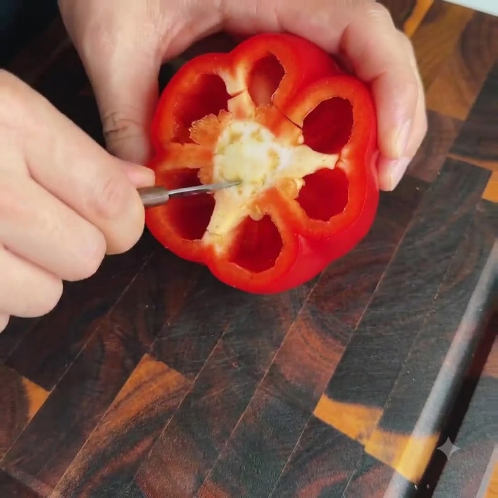 Des mains utilisant un petit couteau pour nettoyer les graines et les membranes blanches de lintérieur dun poivron rouge.