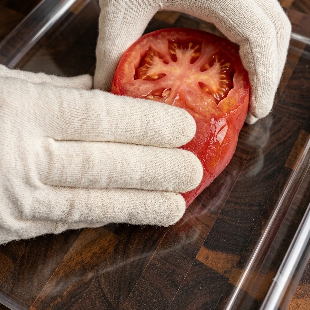Une main gantée tenant une préparation de tomate ou de poivron coupée en deux au-dessus dun plat de cuisson en verre transparent.
