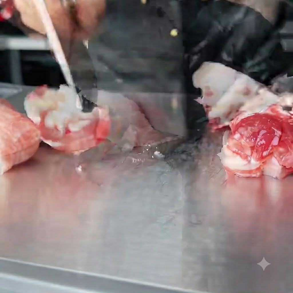 De la viande de poitrine de porc crue finement hachée avec deux hachoirs sur une surface de préparation en acier inoxydable.