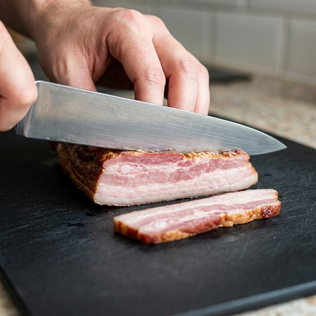 Un couteau de chef coupant un morceau de poitrine de porc séchée ou doignon sur une planche à découper noire.