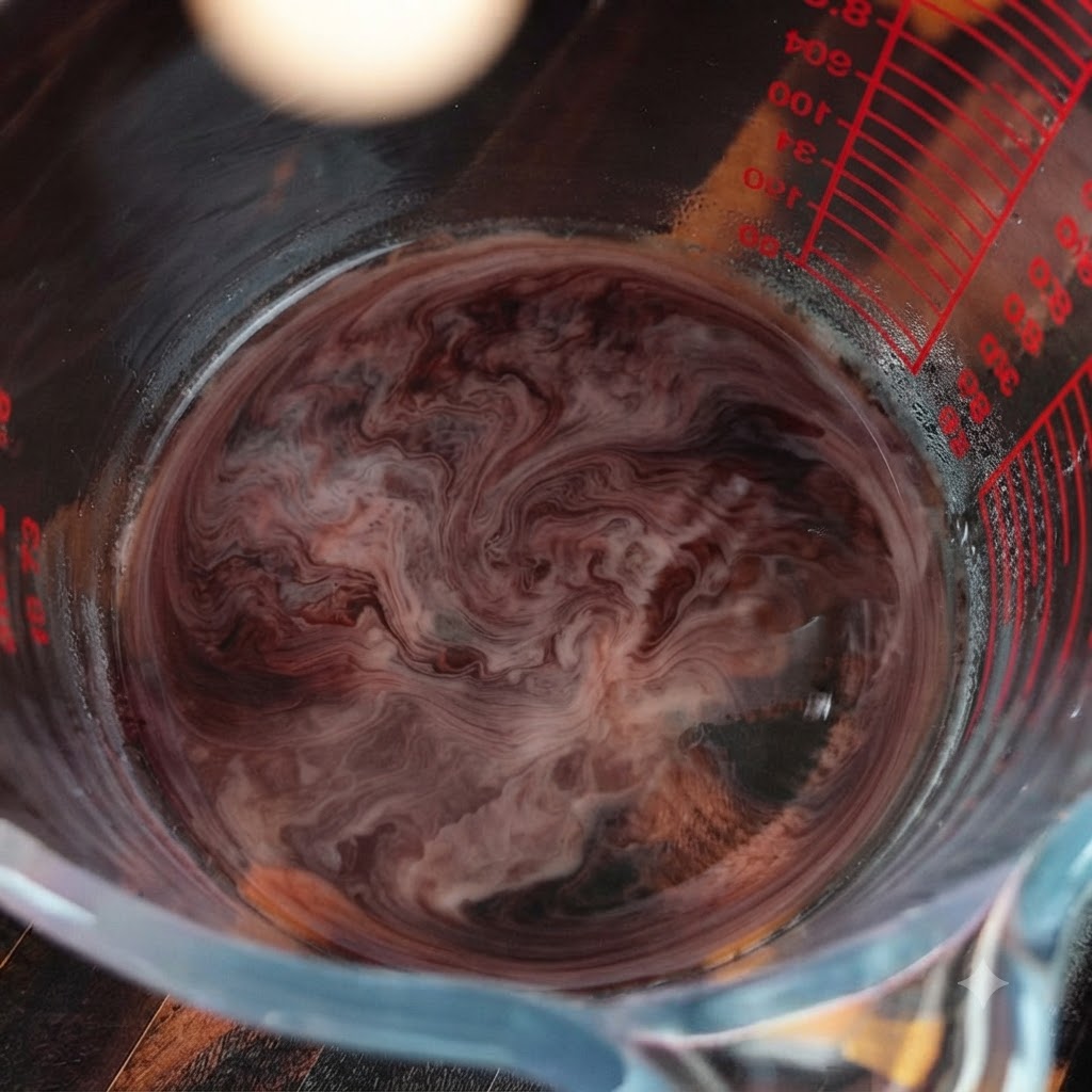 Un verre mesureur contenant un mélange tourbillonnant de liquide foncé et déléments crémeux.