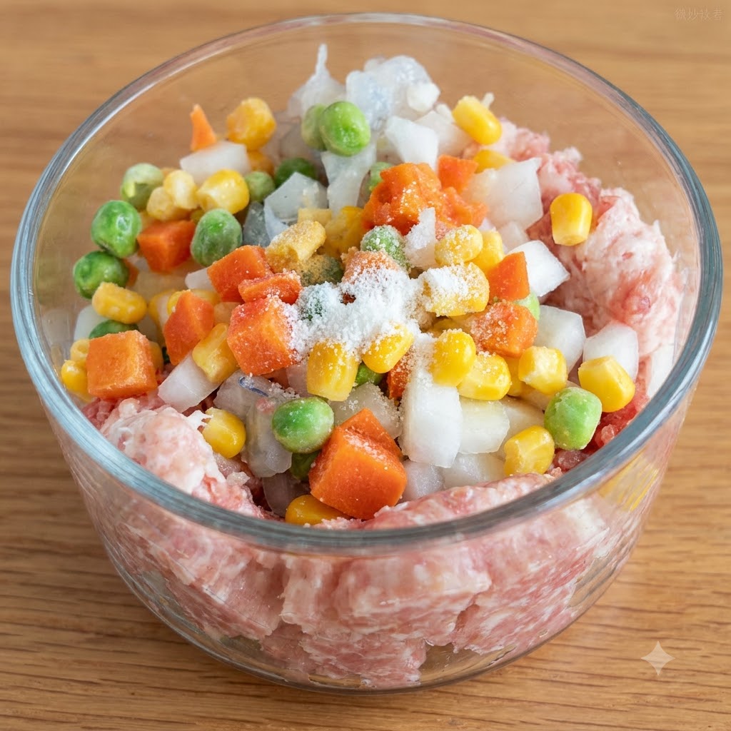 Une vue rapprochée dun bol en verre rempli de viande hachée, de carottes en dés, de petits pois, de maïs et doignons, avec des assaisonnements et de la fécule de maïs saupoudrés sur le dessus.