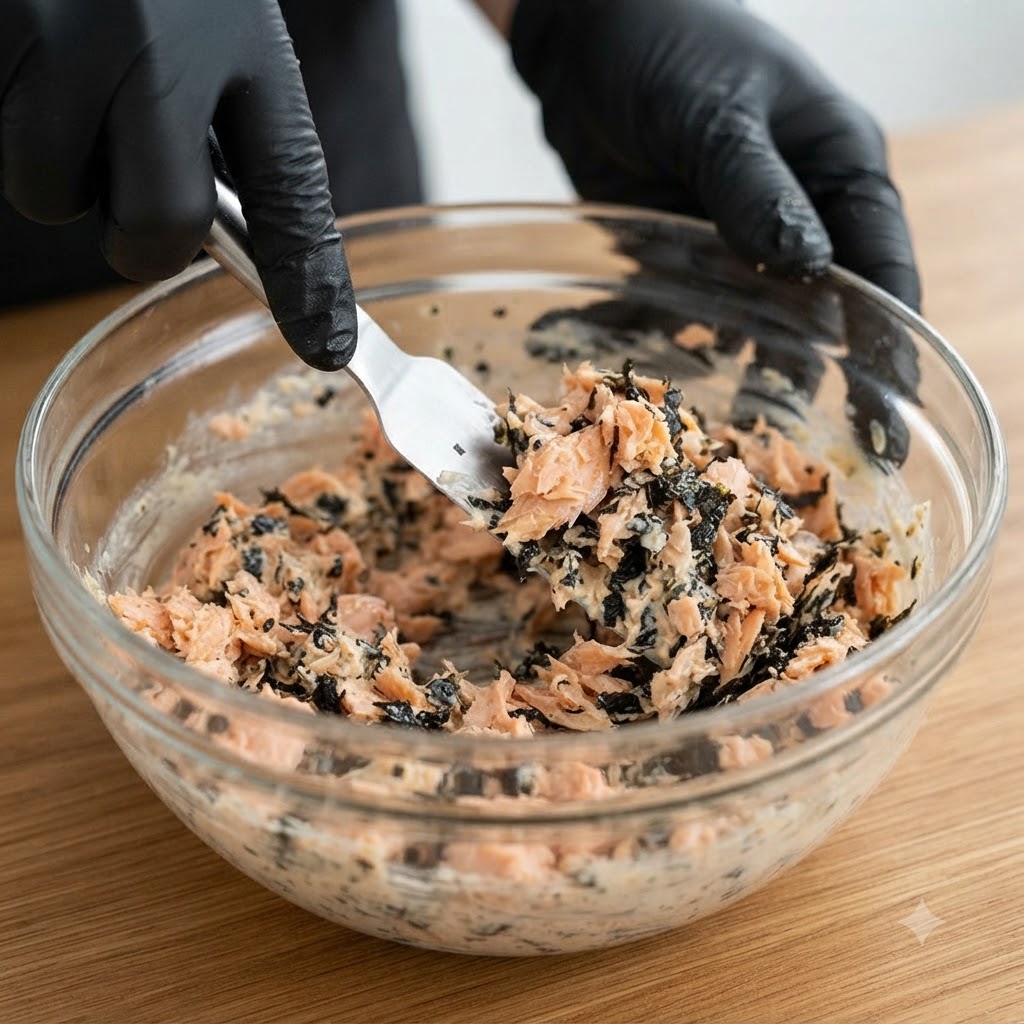 Une paire de mains gantées utilisant une spatule pour mélanger du saumon et des ingrédients dalgues à lintérieur dun bol à mélanger en verre.