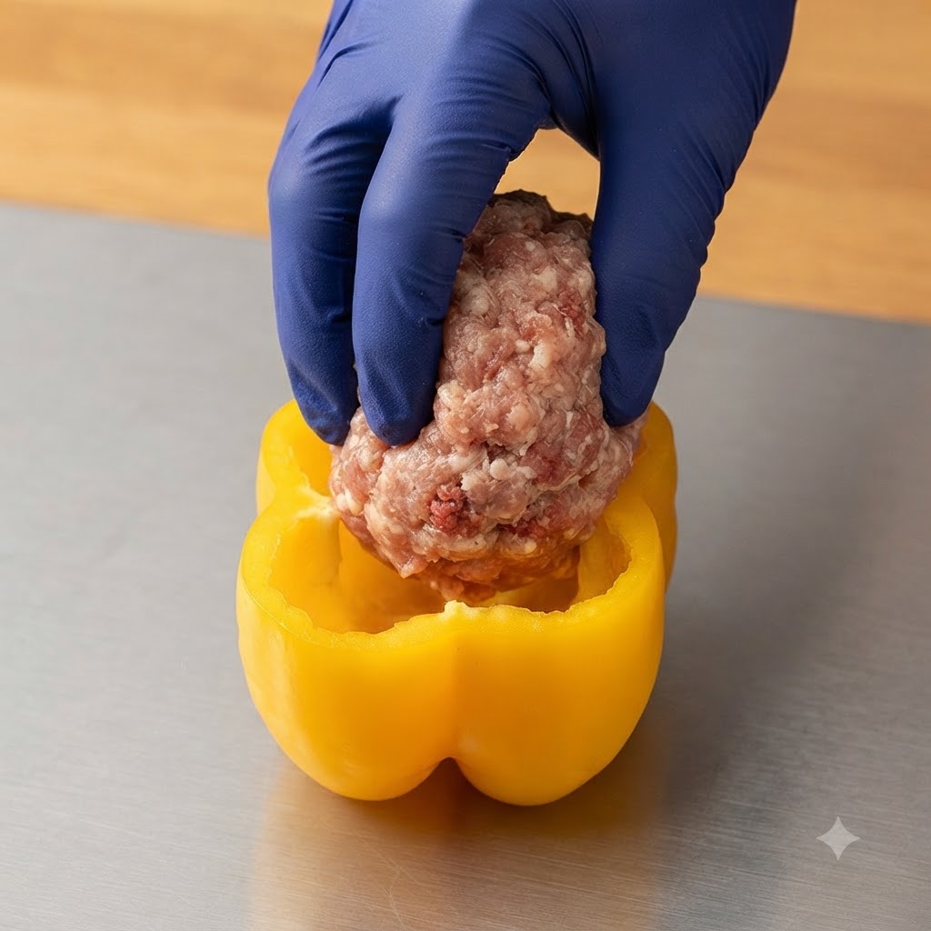 Une main portant un gant bleu plaçant une portion de viande hachée assaisonnée dans un bol de poivron jaune évidé.