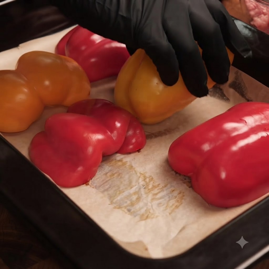 Poivrons enrobés dhuile disposés dans un plat allant au four tapissé de papier sulfurisé.