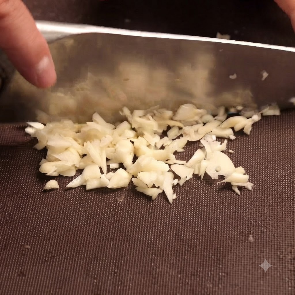Oignons et ail finement hachés grésillant dans une poêle chaude et remués avec une spatule.