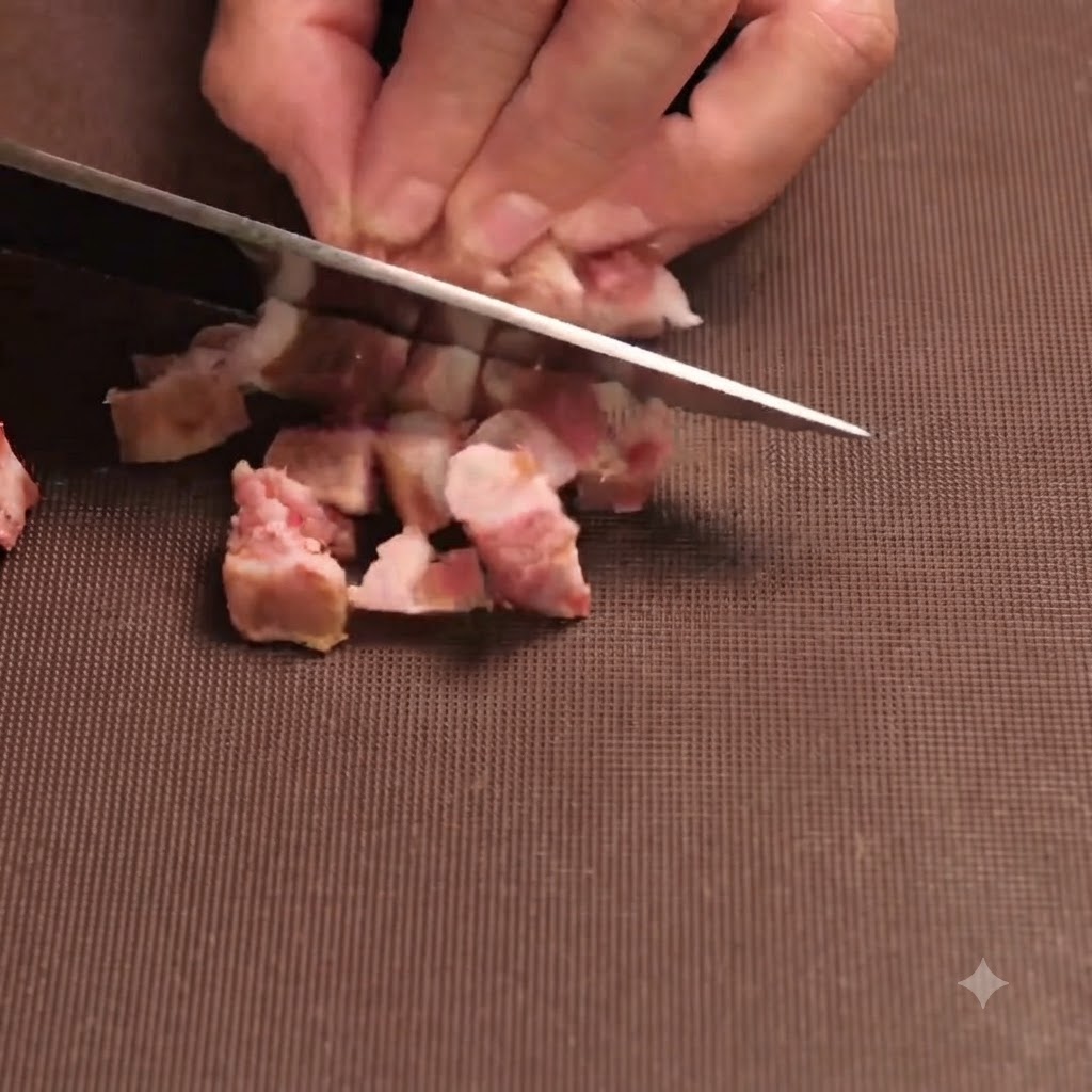 Petits morceaux de saucisse coupés en dés mélangés aux aromates sautés dans une poêle.
