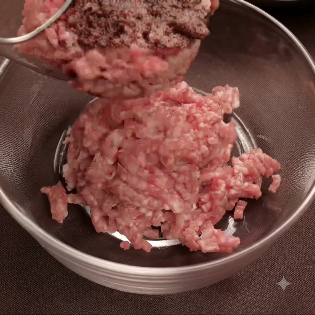 Porc et bœuf hachés combinés dans un bol en verre.