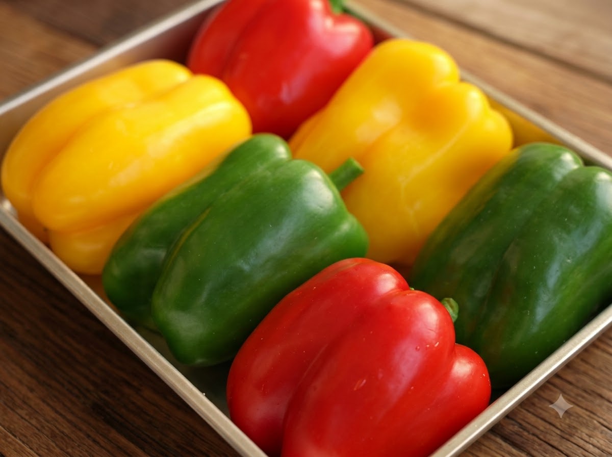 Un plateau en métal contenant des poivrons colorés en train dêtre badigeonnés dhuile dolive.