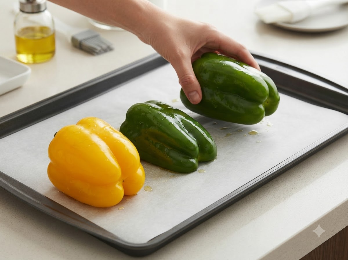 Poivrons disposés sur une plaque de cuisson recouverte de papier sulfurisé.