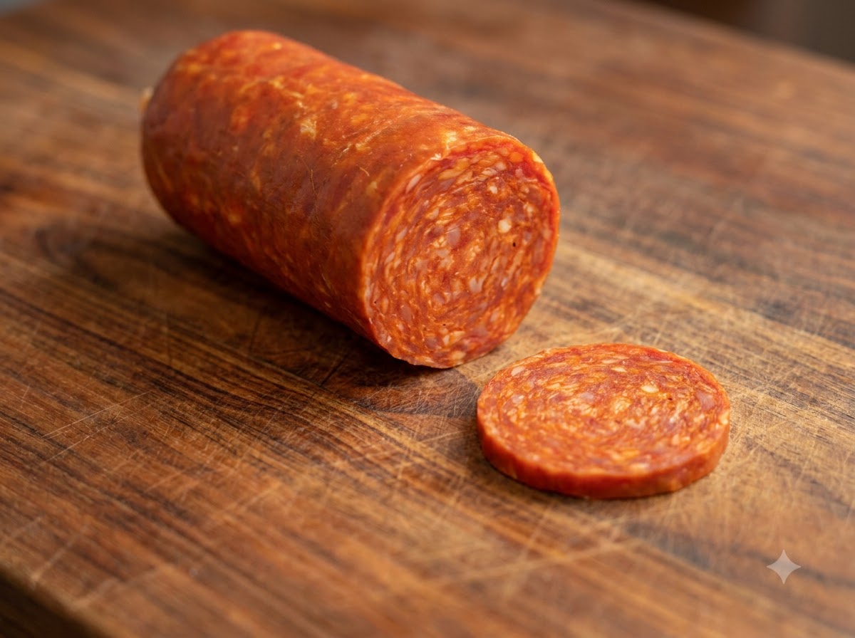 Un couteau coupant un rouleau de saucisse épicée en tranches sur une planche à découper en bois.