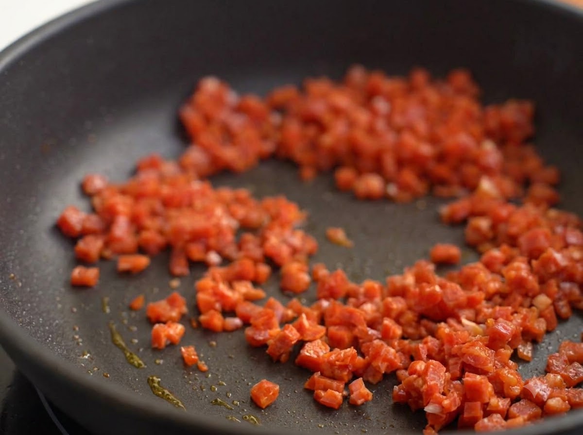Saucisse épicée coupée en dés grésillant dans une poêle avec de lhuile dolive.