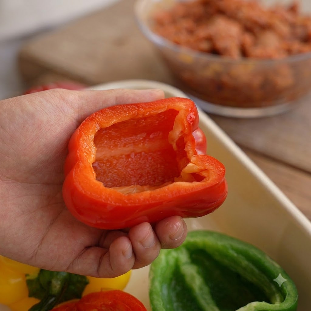 Une main tenant un poivron rouge évidé prêt à être farci, avec un bol de farce à la viande en arrière-plan.