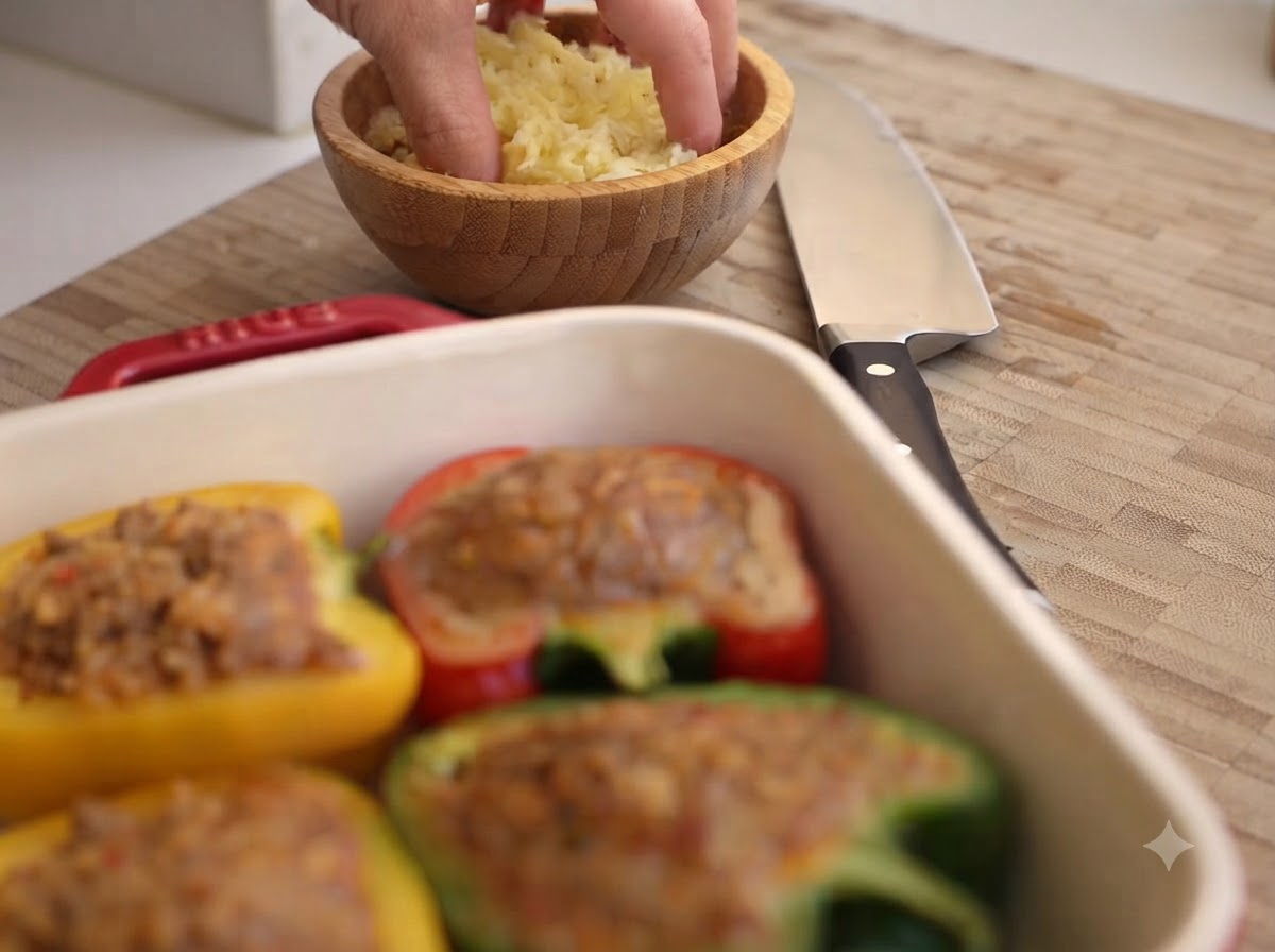 Une main saupoudrant du fromage râpé dun petit bol en bois sur des poivrons farcis disposés dans un plat de cuisson.