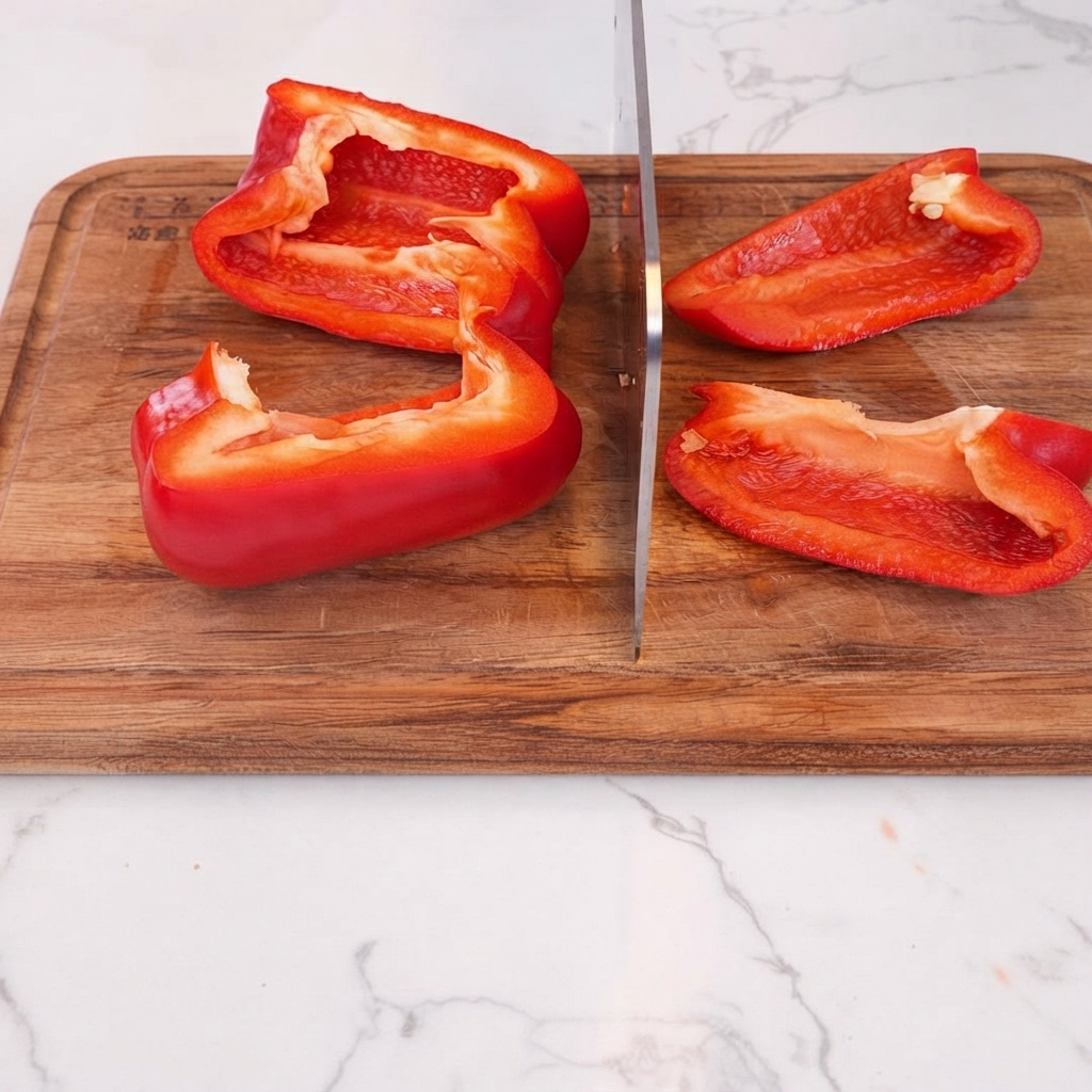 Moitiés de poivron reposant sur une planchette à découper en bois à côté dun couteau.