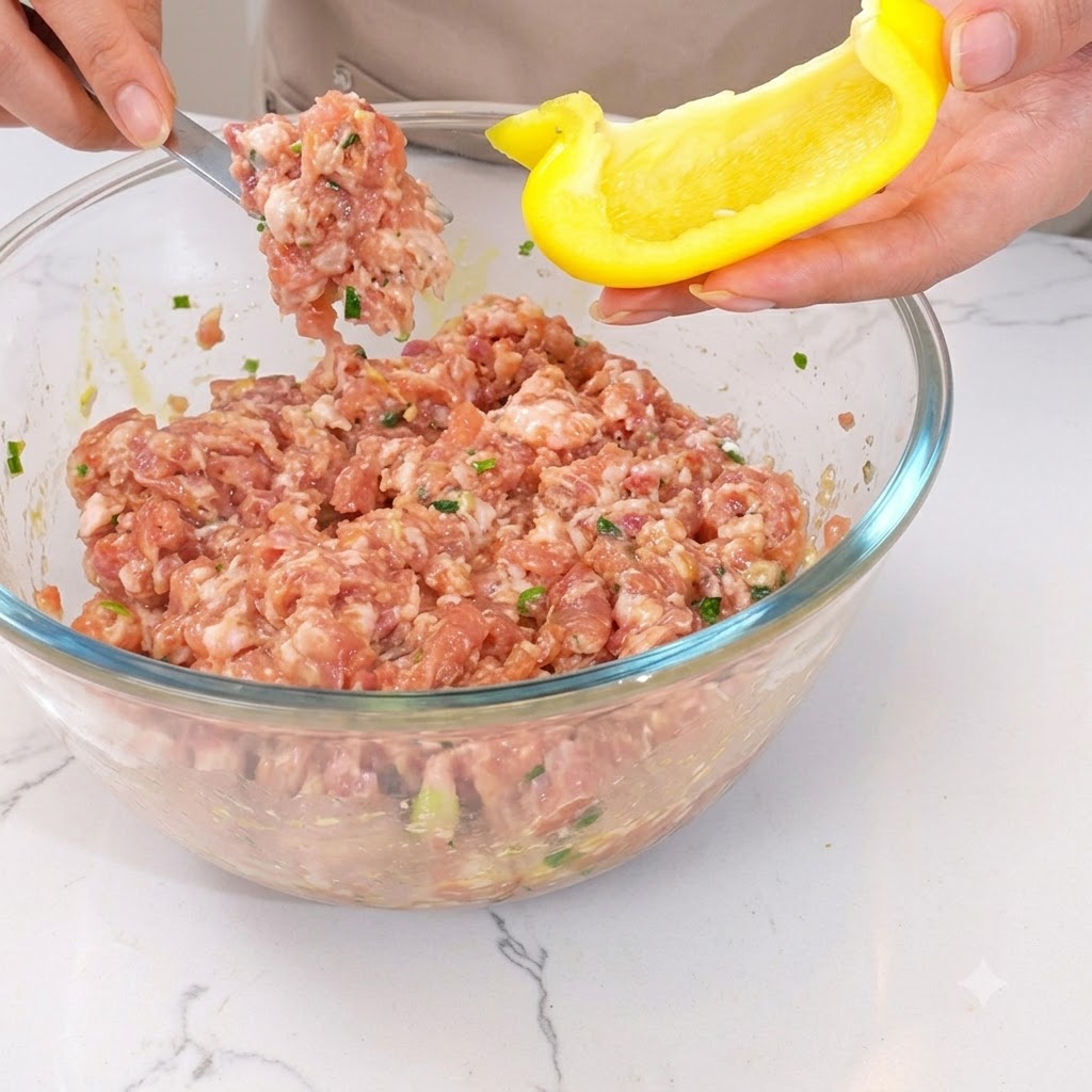 Viande hachée en train dêtre farcie dans une moitié de poivron jaune à laide dustensiles.