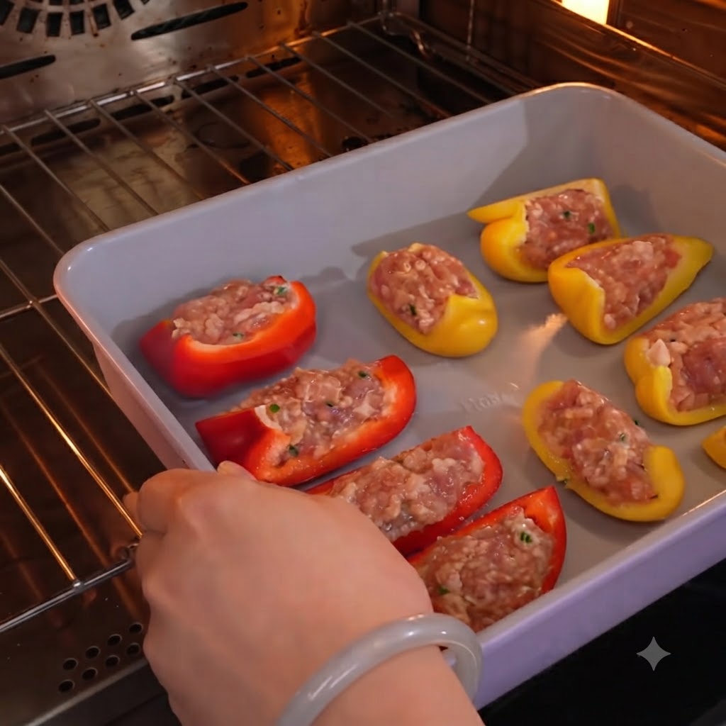 Un plat de cuisson rempli de moitiés de poivrons farcis en train dêtre glissé sur une grille de four.