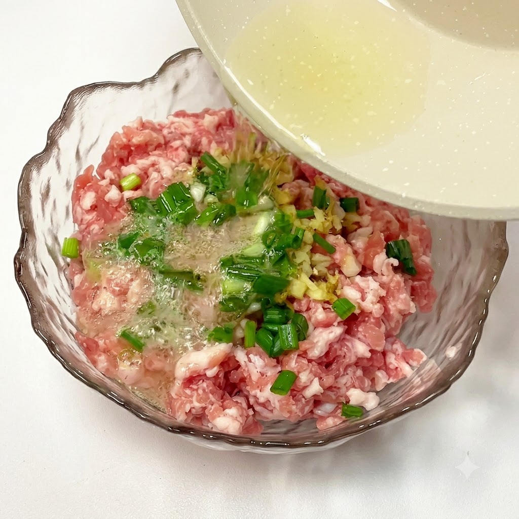 Huile chaude versée sur les oignons verts et le gingembre par-dessus la viande hachée.