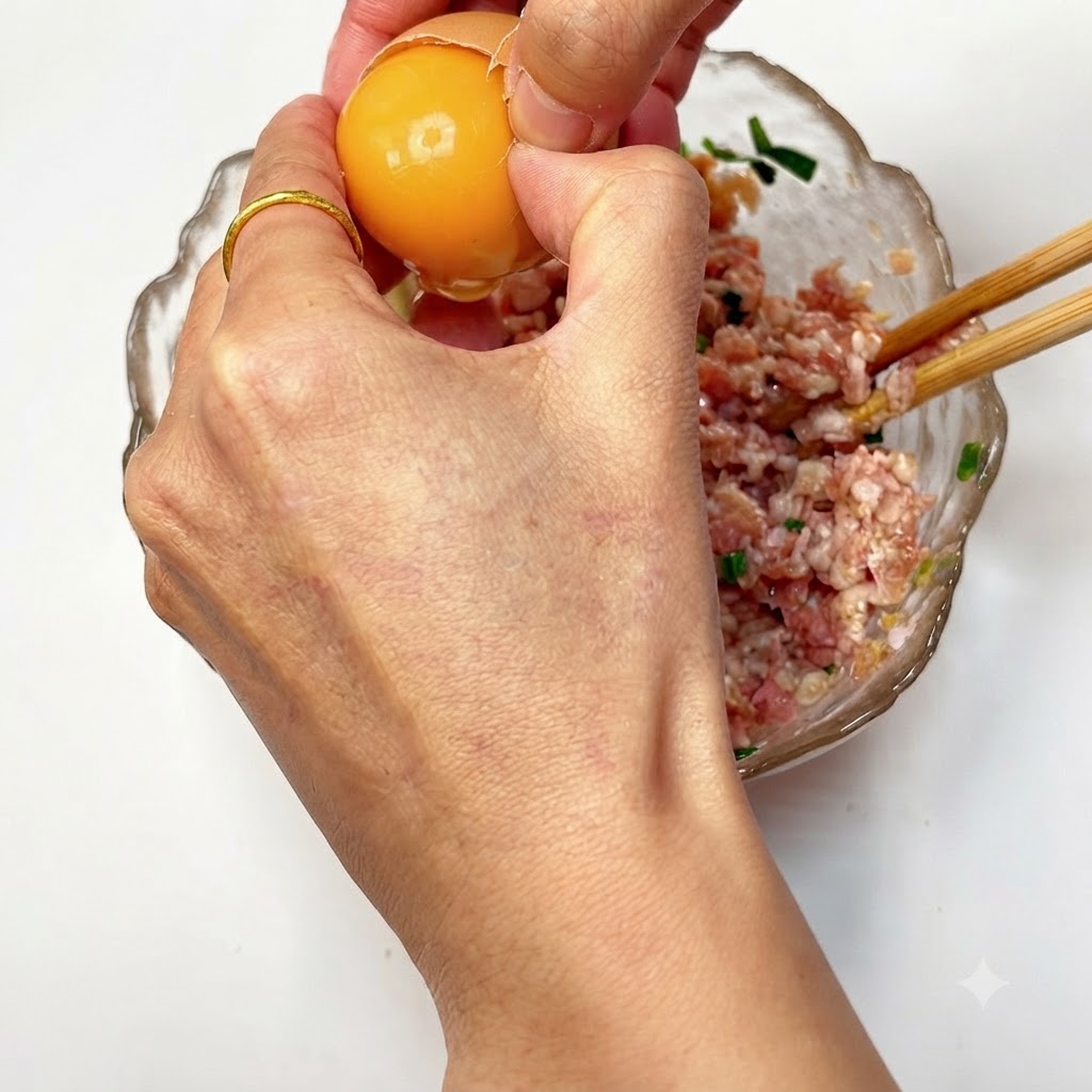 Un œuf cassé au-dessus du bol de viande hachée.