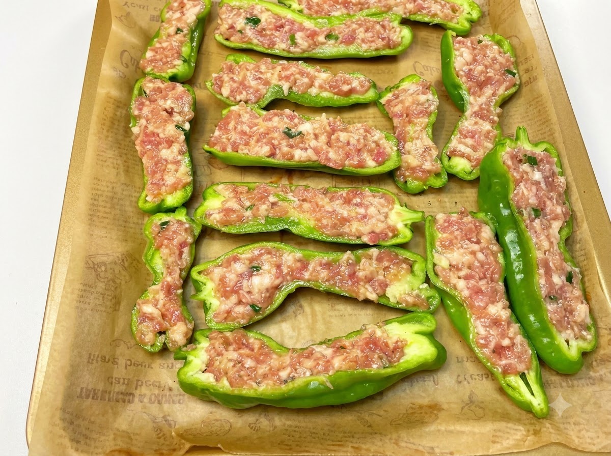 Poivrons verts farcis disposés sur une plaque de cuisson recouverte de papier sulfurisé.