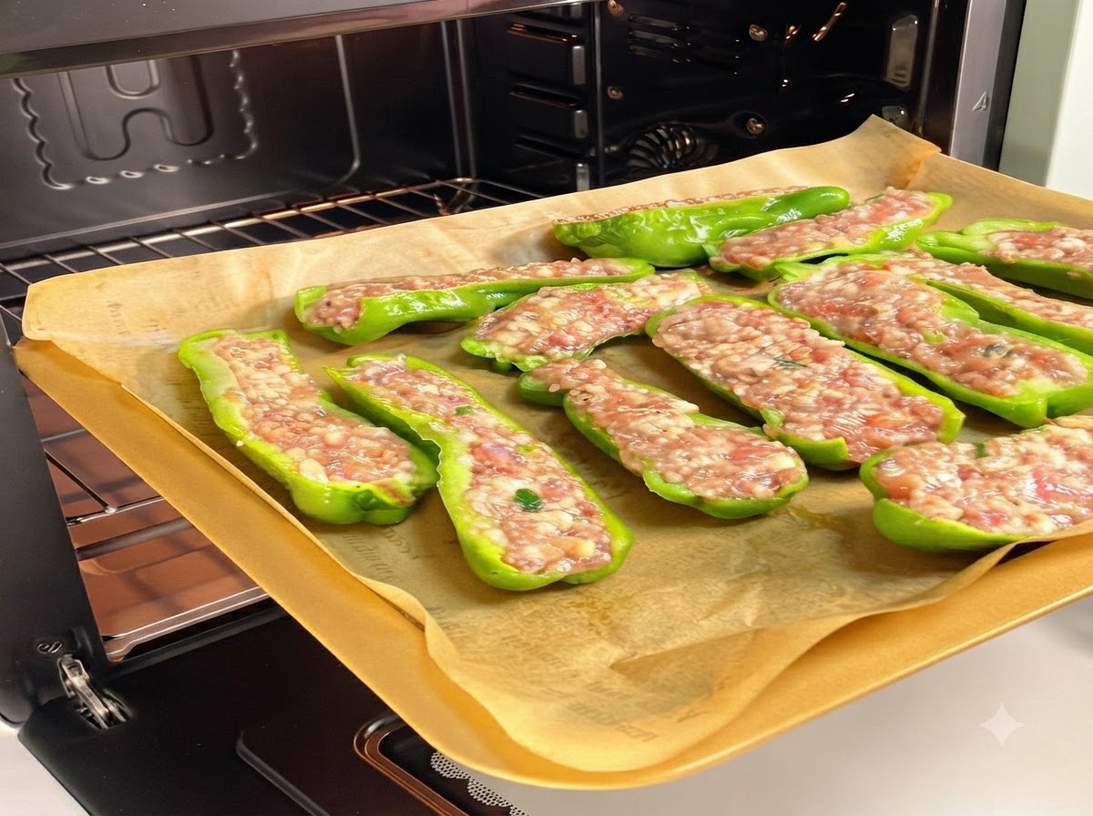 Une plaque de cuisson remplie de poivrons verts farcis glissée sur la grille à lintérieur dun four.