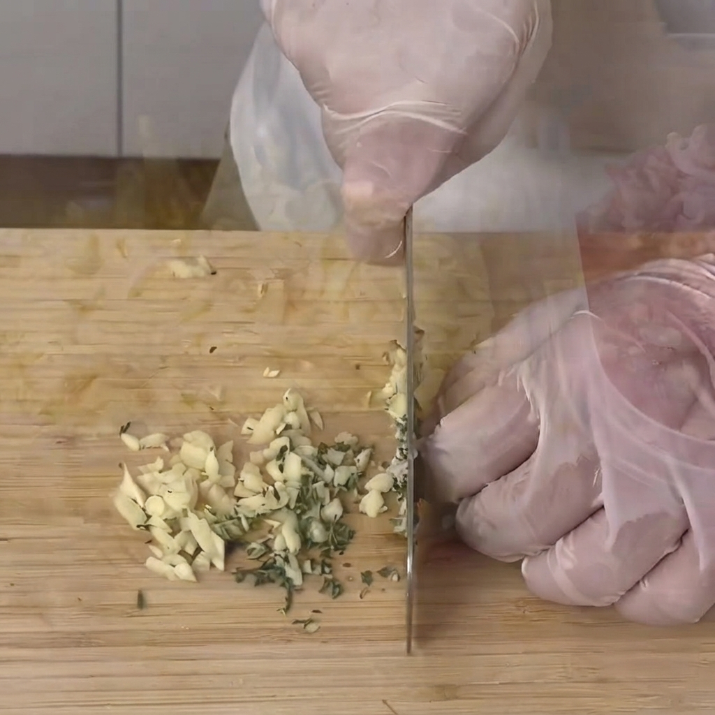 Ail et herbes de thym finement hachés sur une planche à découper en bois avec un couteau.
