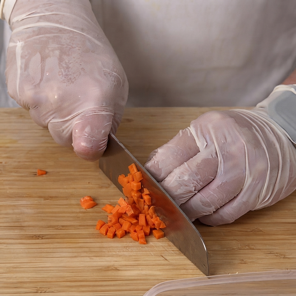 Petits cubes de carottes empilés sur une planche à découper en bois.