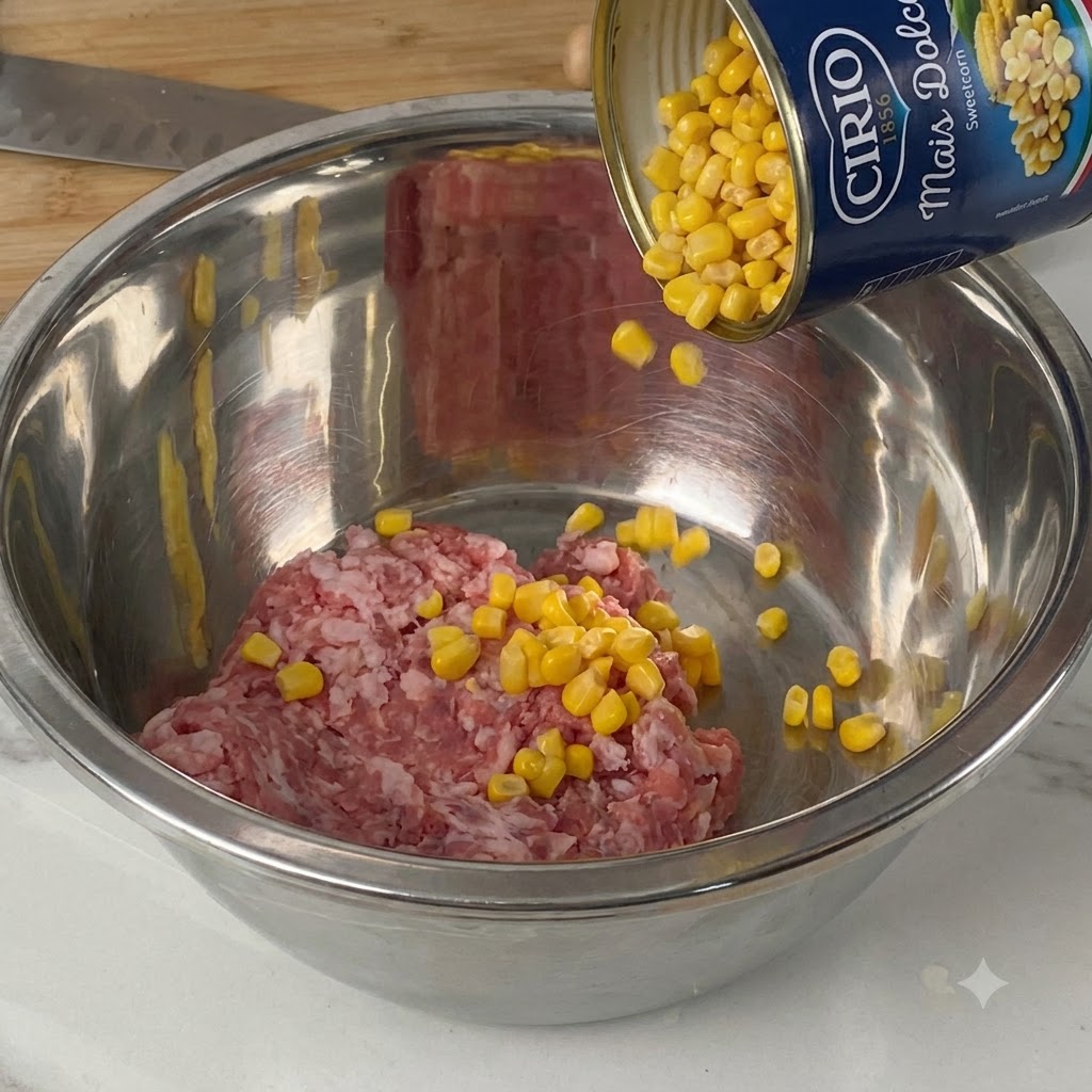 Grains de maïs doux versés dune boîte de conserve dans un bol en acier inoxydable avec du porc haché cru.