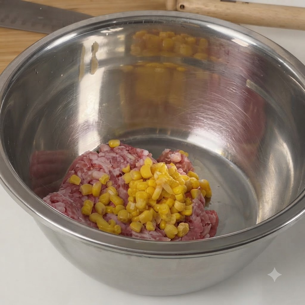 Un bol à mélanger en acier inoxydable rempli de porc haché cru et de grains de maïs doux.
