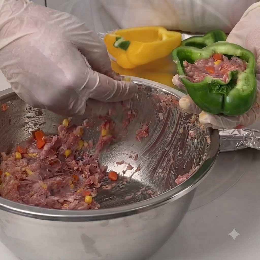 Une main gantée plaçant la farce de viande dans une moitié de poivron vert évidé.