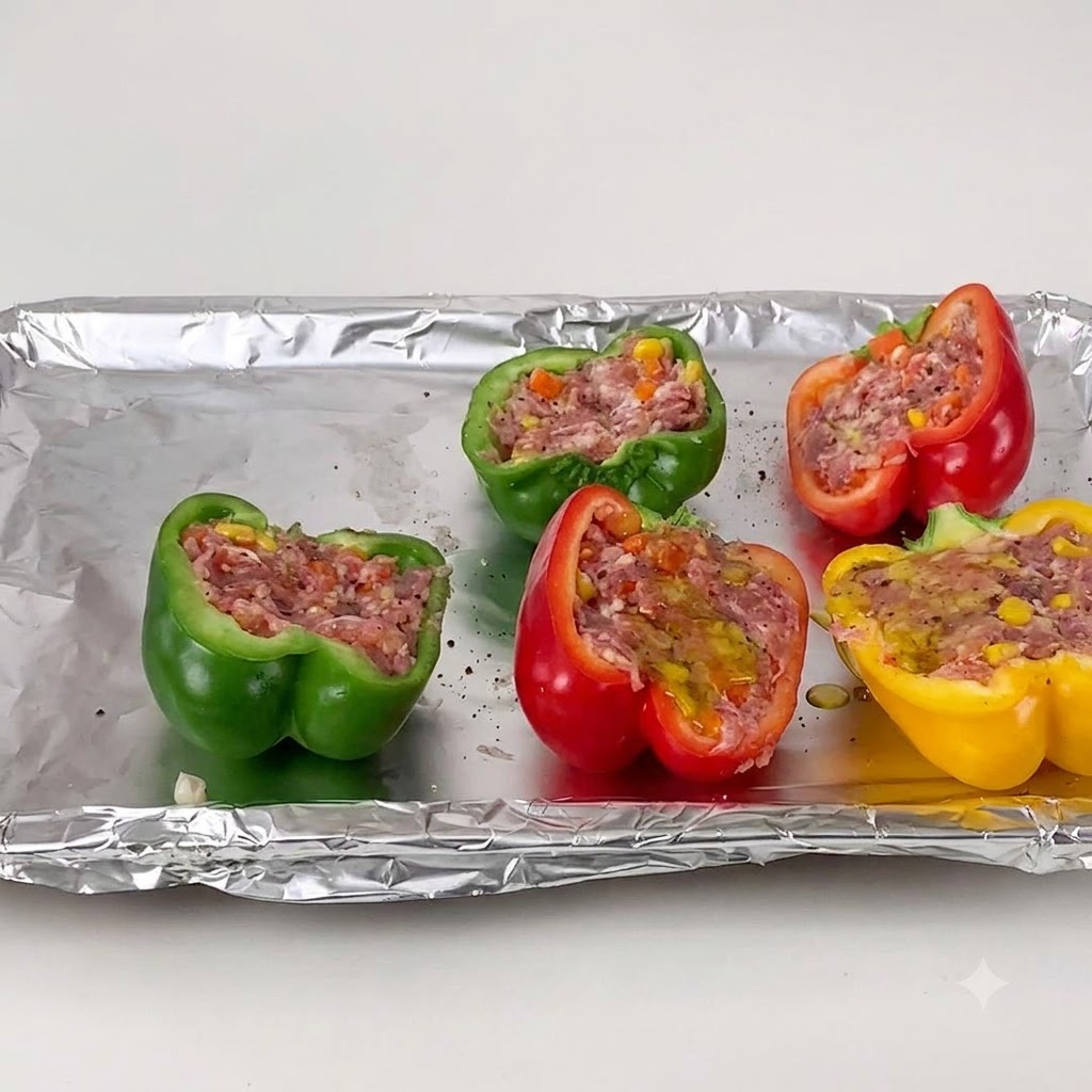 Poivrons farcis rouges, verts et jaunes disposés sur une plaque de cuisson recouverte de papier aluminium avec de lhuile dolive arrosée sur le dessus.