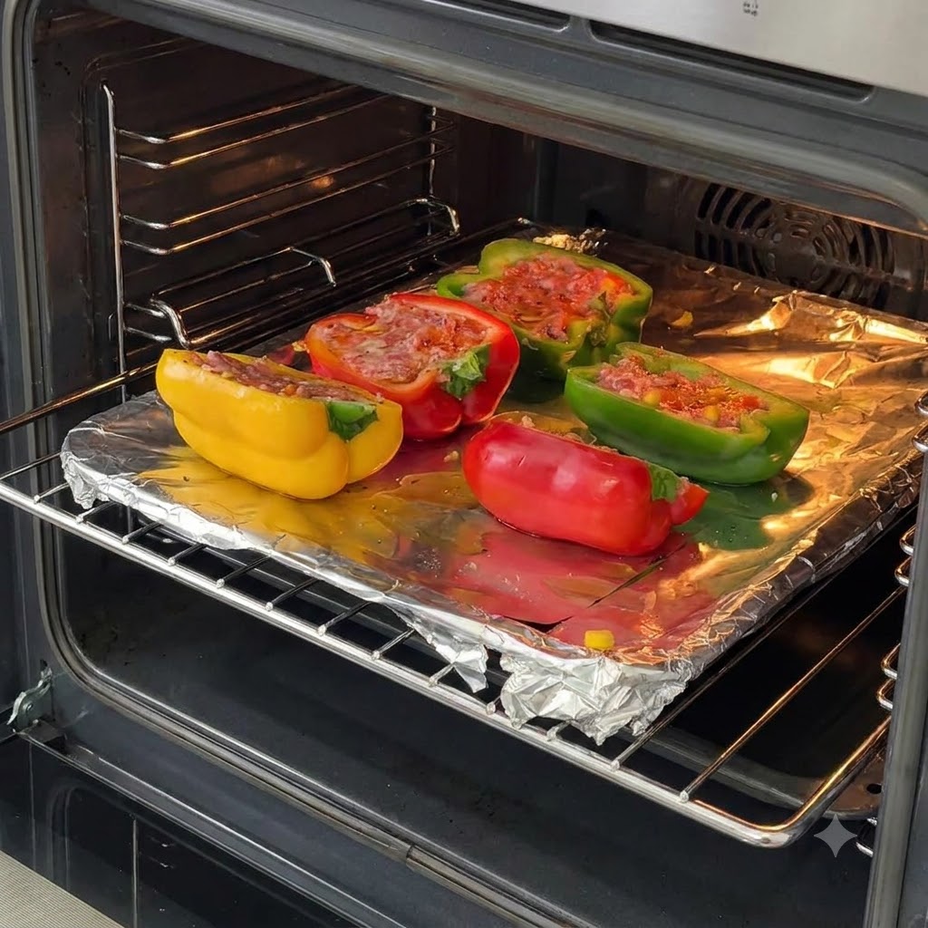 Une plaque de cuisson garnie de poivrons farcis placée sur une grille de four.