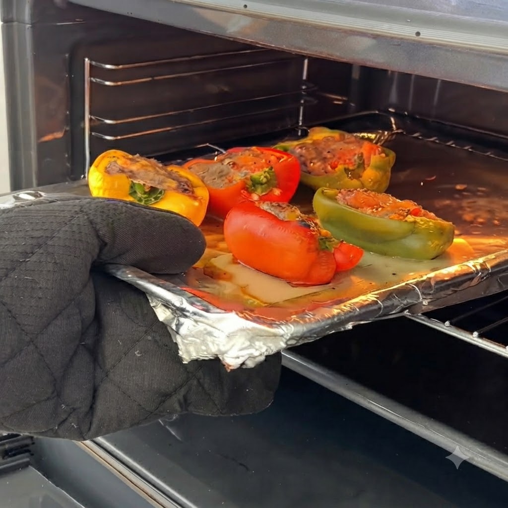 Un gant de cuisine retirant du four une plaque de cuisson de poivrons farcis partiellement cuits.