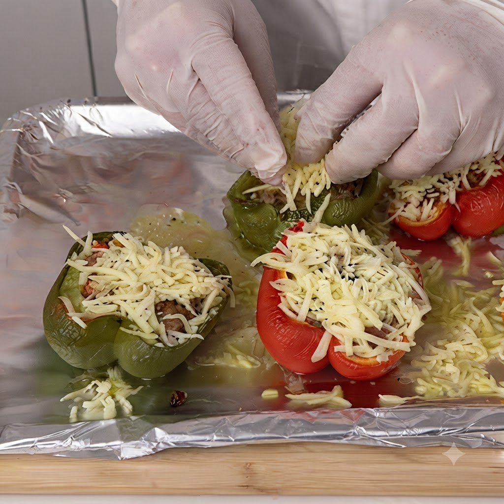 Des mains gantées saupoudrant de la mozzarella râpée sur des poivrons verts et rouges farcis sur une plaque de cuisson recouverte de papier aluminium.