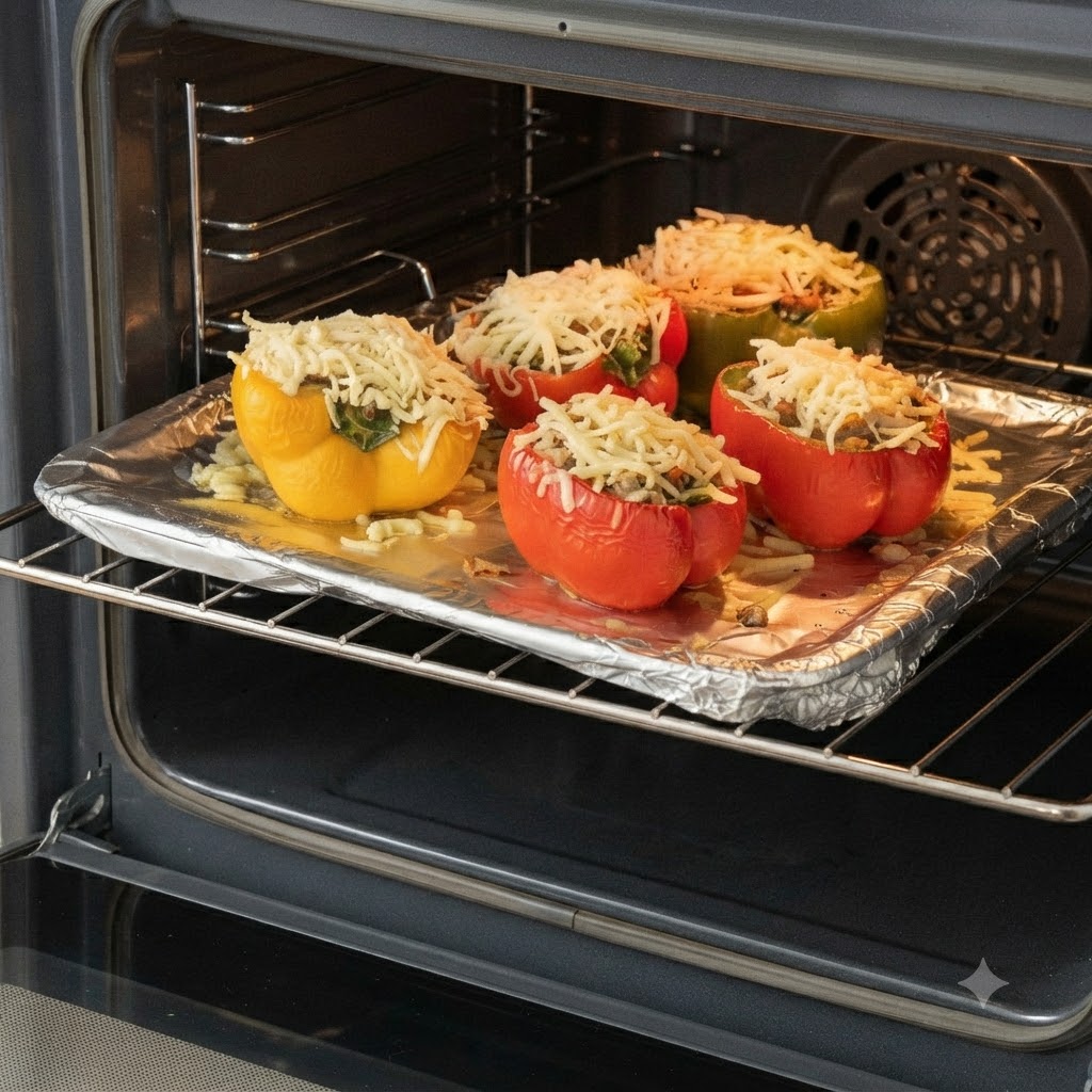 Une plaque de cuisson contenant des poivrons farcis surmontés de fromage fondu placée sur la grille du milieu à lintérieur dun four.