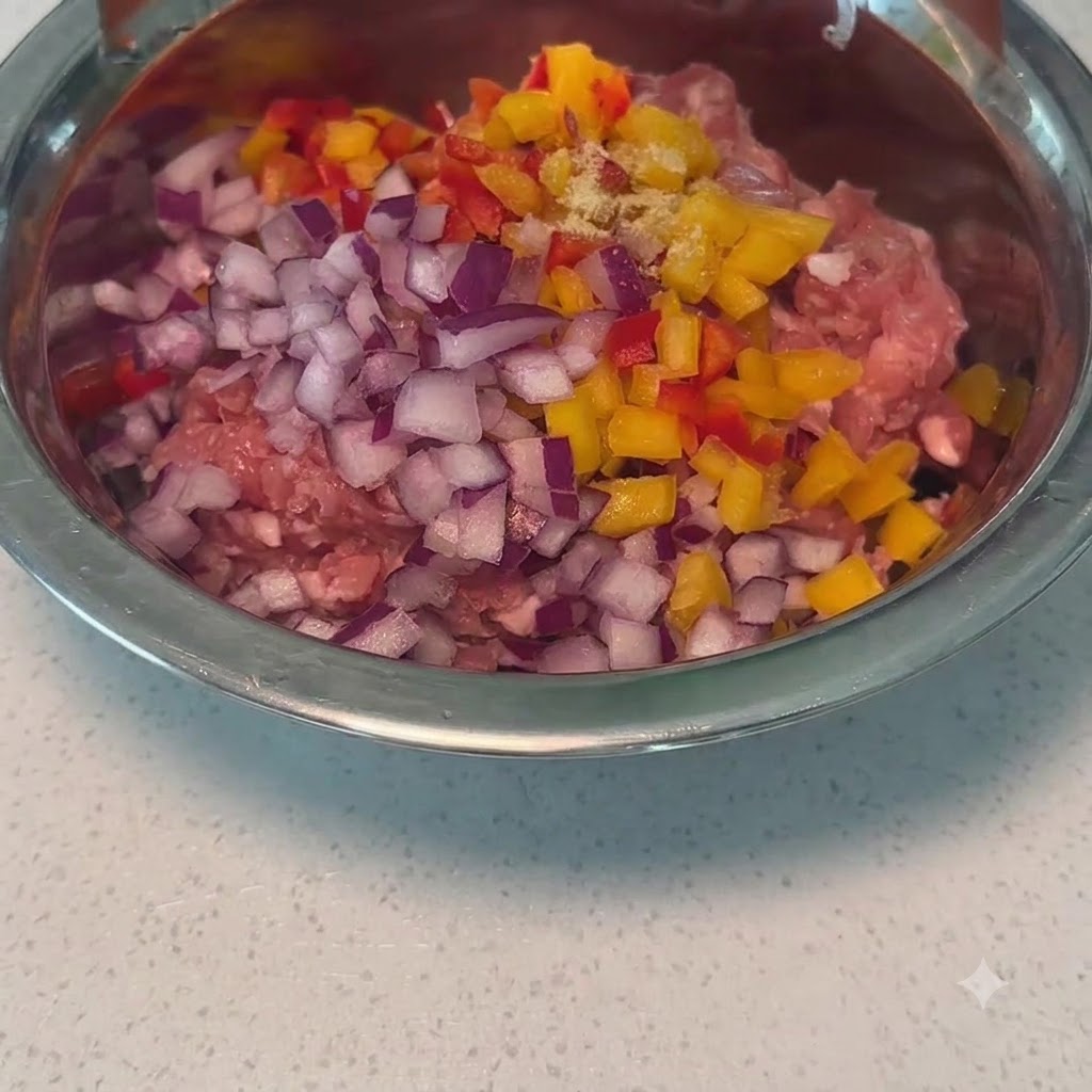Poivrons rouges et jaunes en dés et oignons rouges ajoutés sur du porc haché dans un bol en métal.